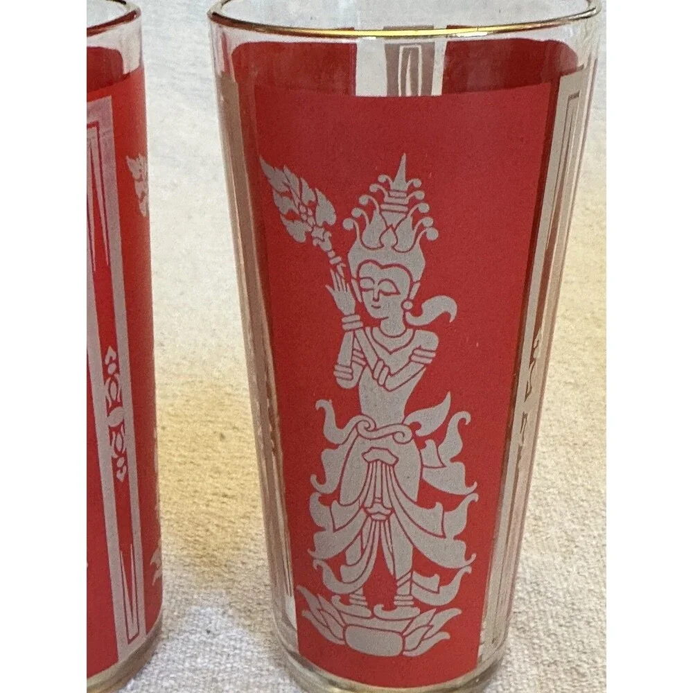 Set 2 VTG 1960 Mid Century Culver Red Gold Siam Thai Goddess Drinking Glasses